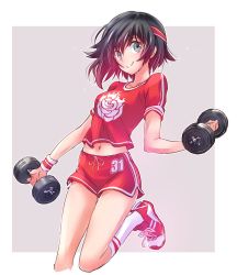 Rule 34 | 1girl, dolphin shorts, dumbbell, exercising, gradient hair, grey eyes, gym shorts, gym uniform, highres, iesupa, multicolored hair, navel, red hair, ruby rose, rwby, shoes, short hair, short shorts, shorts, sneakers, socks, solo, sweat, two-tone hair, weightlifting, weights