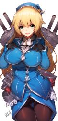 Rule 34 | 10s, 1girl, atago (kancolle), black pantyhose, blonde hair, blue background, blue hat, breast suppress, breasts, cameltoe, collared shirt, curvy, female focus, green eyes, hat, highres, kantai collection, large breasts, long hair, looking at viewer, mukka, open mouth, pantyhose, shirt, solo, thigh gap, uniform, wide hips