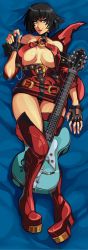Rule 34 | 1girl, absurdres, bare shoulders, bed sheet, black choker, black gloves, black hair, black panties, blue eyes, boots, breasts, brown eyes, choker, commentary, dakimakura (medium), dress, electric guitar, english commentary, fingerless gloves, full body, gloves, guilty gear, guitar, hat, unworn hat, unworn headwear, heterochromia, highres, i-no, instrument, large breasts, lipstick, looking at viewer, lying, makeup, mole, mole above mouth, no bra, nose, o-ring, o-ring top, panties, pantyshot, pigeon-toed, platform boots, platform footwear, red dress, red footwear, revealing clothes, revision, riftka, short dress, short hair, short sleeves, solo, thigh boots, thighhighs, underboob, underwear