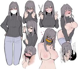 Rule 34 | 1boy, 1girl, black hair, black sweater, breasts, closed eyes, commentary, cropped legs, fellatio, glasgow smile, grin, hair between eyes, heart, hetero, highres, holding, holding mirror, kiss, kuchisake-onna, large breasts, long hair, long sleeves, mask, miitoban, mirror, mouth mask, multiple views, nipples, nude, oral, original, pants, penis, purple lips, red eyes, ribbed sweater, scissors, simple background, smile, stitches, stitching, surgical mask, sweater, tongue, tongue out, urban legend, v, white background