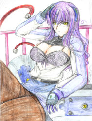 Rule 34 | 00s, 1girl, blush, bra, breasts, gloves, hagane soushi, huge breasts, lingerie, long hair, lyrical nanoha, mahou shoujo lyrical nanoha, mahou shoujo lyrical nanoha strikers, numbers (nanoha), open clothes, open shirt, pantyhose, purple hair, shirt, sketch, solo, sweatdrop, traditional media, underwear, uno (nanoha), yellow eyes