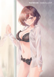 Rule 34 | 1girl, bikini, black bikini, blush, breasts, brown eyes, brown hair, cleavage, collarbone, commentary request, cowboy shot, hair ornament, hairclip, hand up, highres, higuchi madoka, idolmaster, idolmaster shiny colors, large breasts, long sleeves, looking at viewer, mirror, navel, open clothes, open shirt, parted lips, reflection, sebu illust, shirt, short hair, solo, standing, stomach, swimsuit, thighs, white shirt