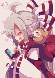 Rule 34 | 1girl, ^ ^, ahoge, blush, closed eyes, creatures (company), crossover, eyebrows, from side, fujiwara no mokou, game console, game freak, gen 7 pokemon, hair ribbon, happy, heart, highres, holding, long sleeves, looking at viewer, muuran, nintendo, playing games, pokemon, pokemon (creature), pokemon sm, ponytail, profile, red scarf, ribbon, ribbon-trimmed sleeves, ribbon trim, rowlet, scarf, shirt, signature, simple background, sketch, suspenders, touhou, upper body, white shirt, wide sleeves
