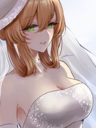 1girl bare_shoulders breasts brown_hair dress elbow_gloves filha girls&#039;_frontline gloves green_eyes hair_between_eyes highres holding large_breasts light_smile parted_lips sidelocks solo springfield_(girls&#039;_frontline) teeth upper_body wedding_dress white_dress white_gloves