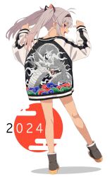 1girl 2024 akitetsu boots chinese_zodiac dark-skinned_female dark_skin dragon_print fang full_body grey_hair hairband highres jacket long_hair looking_at_viewer looking_back matsukai_mao nijisanji open_mouth pointing pointing_at_self purple_eyes simple_background smile solo sukajan twintails virtual_youtuber white_background year_of_the_dragon