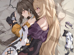 Rule 34 | 2girls, ahoge, asymmetrical gloves, bare shoulders, bed, black-framed eyewear, black gloves, blonde hair, blush, braid, brown hair, brown pantyhose, cat, chenxue (honkai impact), chinese commentary, closed eyes, commentary request, cross-laced clothes, cross-laced legwear, detached sleeves, earrings, entropy (honkai impact 3rd), evzeva, eyelashes, female dreamseeker (honkai impact), glasses, gloves, hair between eyes, hair down, high-waist shorts, highres, honkai (series), honkai impact 3rd, hug, hug from behind, jewelry, long hair, long sleeves, lying, mismatched gloves, multicolored hair, multiple girls, off shoulder, on bed, on side, orange sleeves, pantyhose, parted lips, partially fingerless gloves, pillow, purple shirt, red eyes, semi-rimless eyewear, shirt, shorts, side braid, sidelocks, sleeping, smile, spooning, streaked hair, under-rim eyewear, unworn eyewear, very long hair, white hair, white pantyhose, yuri