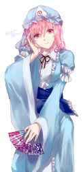 Rule 34 | 1girl, augetsix, bad id, bad twitter id, blue dress, bow, dated, dress, folding fan, frills, hand fan, hat, japanese clothes, long sleeves, looking at viewer, mob cap, pink eyes, pink hair, puffy sleeves, ribbon, saigyouji yuyuko, sash, short hair, simple background, smile, solo, touhou, triangular headpiece, twitter username, veil, white background, wide sleeves
