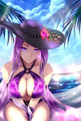 Rule 34 | 1girl, bare shoulders, bikini, blue sky, breasts, cleavage, cloud, commentary, day, earrings, eyes visible through hair, fate/stay night, fate (series), flower, hat, hat flower, highres, jewelry, large breasts, leaning forward, lightning nord, long hair, looking at viewer, medusa (fate), medusa (rider) (fate), ocean, outdoors, palm tree, purple bikini, purple eyes, purple hair, saber ruri, sky, smile, solo, square pupils, swimsuit, tree, very long hair