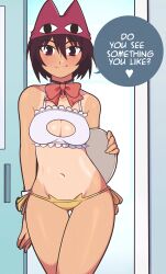 Rule 34 | 1girl, absurdres, azumanga daiou, blush, bow, bra, breasts, brown eyes, brown hair, cat lingerie, cleavage, cleavage cutout, closed mouth, clothing cutout, collarbone, english text, highres, jeff miga, kagura (azumanga daioh), looking at viewer, medium breasts, meme attire, navel, panties, red bow, short hair, smile, solo, speech bubble, sweat, tan, tanline, underwear, white bra, yellow panties