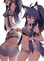 Rule 34 | 1girl, ahoge, animal ear fluff, animal ears, armlet, armpits, ass, black hair, black panties, blush, borrowed character, breasts, breath, brown kemomimi-chan (krr), butt crack, closed mouth, collar, contrapposto, covered erect nipples, cowboy shot, dark skin, dimples of venus, duplicate, fang, fang out, gluteal fold, hair between eyes, highres, jingo, long hair, looking at viewer, midriff, multiple views, navel, nipples, open pants, original, panties, pants, pink eyes, ponytail, see-through, short shorts, shorts, simple background, skindentation, small breasts, smile, string panties, underwear, very long hair, whale tail (clothing), white background