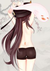 Rule 34 | 1girl, absurdres, arms up, ass, back, back tattoo, black hat, black shorts, breasts, brown hair, from behind, genshin impact, ghost, hat, highres, hu tao (genshin impact), long hair, medium breasts, short shorts, shorts, solo, standing, sumleek, tattoo, thighs, topless, twintails, very long hair