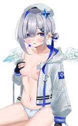 Rule 34 | 1girl, absurdres, amane kanata, amane kanata (work), angel wings, asymmetrical bangs, beret, blue hair, breasts, collarbone, colored inner hair, commentary, gloves, grey hair, hair ornament, hair over one eye, hair rings, hairclip, hand on own chest, hat, heart, heart-shaped pupils, highres, hololive, hood, hoodie, jacket, jacket partially removed, karikari ume, long hair, looking at viewer, medium breasts, midriff, multicolored hair, navel, nipples, no bra, no shirt, off shoulder, official alternate hair length, official alternate hairstyle, open mouth, panties, partially fingerless gloves, purple eyes, purple hair, simple background, single hair intake, smile, solo, symbol-shaped pupils, twintails, underwear, virtual youtuber, white background, wings