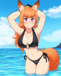 Rule 34 | 1girl, animal ear fluff, animal ears, armpits, arms behind head, arms up, artist name, bare arms, bikini, black bikini, blue sky, blush, breasts, cleavage, cloud, collarbone, commentary, commission, cowboy shot, day, english commentary, fox ears, fox girl, fox tail, freckles, highres, large breasts, long hair, looking at viewer, megumi (merc tw), navel, o-ring, o-ring bikini, orange hair, original, outdoors, ponytail, purple eyes, rob ishi, side-tie bikini bottom, sky, solo, stomach, swimsuit, tail, wading, water, wavy mouth