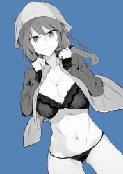 Rule 34 | 1girl, blue background, bra, breasts, cleavage, cowboy shot, girls und panzer, greyscale, greyscale with colored background, hat, highres, jacket, keizoku military uniform, lace, lace-trimmed bra, lace-trimmed panties, lace trim, large breasts, long hair, mika (girls und panzer), monochrome, muteki soda, navel, open clothes, open jacket, panties, smile, solo, track jacket, underwear