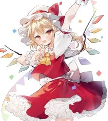 Rule 34 | 1girl, arm up, ascot, back bow, blonde hair, blush, bow, collared shirt, commentary request, confetti, crystal, eyelashes, fang, flandre scarlet, frills, grey bow, hair between eyes, hands up, hat, hat bow, highres, jewelry, looking to the side, mob cap, multicolored wings, one side up, open mouth, pointing, puffy short sleeves, puffy sleeves, red bow, red eyes, red skirt, red vest, shirt, short hair, short sleeves, simple background, skirt, smile, solo, sorani (kaeru0768), standing, tongue, touhou, vest, white background, white hat, white shirt, wings, wrist cuffs, yellow ascot