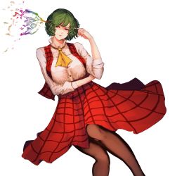 Rule 34 | 1girl, absurdres, ascot, closed mouth, collared shirt, commentary request, cowboy shot, finger to head, green hair, hand up, head tilt, highres, kazami yuuka, kikimifukuri, knees up, lips, long skirt, long sleeves, looking at viewer, lying, on back, pantyhose, plaid, plaid skirt, plaid vest, red eyes, shirt, short hair, simple background, skirt, skirt set, smirk, solo, touhou, vest, wavy hair, white background, white shirt