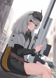 Rule 34 | 1girl, black bow, black bowtie, black shirt, blush, bow, bowtie, cloak, closed mouth, goddess of victory: nikke, grey sky, highres, holding, holding weapon, long hair, looking at viewer, outdoors, shirt, sitting, sky, smile, snow white (innocent days) (nikke), snow white (nikke), solo, visor (armor), weapon, white cloak, white hair, xi oshir1, yellow eyes