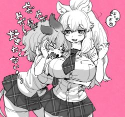 Rule 34 | 2girls, animal ears, arm around back, bare arms, big hair, breast pocket, breasts, cat girl, closed eyes, commentary, cuddling, fangs, fur collar, furrowed brow, hair between eyes, hand on another&#039;s cheek, hand on another&#039;s face, hands up, highres, hug, huge breasts, impossible clothes, impossible shirt, kemono friends, leaning forward, lion (kemono friends), lion ears, lion girl, lion tail, long hair, looking at another, machiko (kama425), medium breasts, microskirt, multiple girls, necktie, open mouth, pink background, pocket, shirt, short sleeves, simple background, skirt, smile, symbol-only commentary, tail, tearing up, thighhighs, translation request, white lion (kemono friends), zettai ryouiki