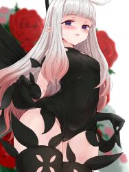 Rule 34 | 1girl, absurdres, anne (bravely second), antenna hair, black gloves, black leotard, black thighhighs, blue eyes, blush, bravely default (series), bravely second: end layer, breasts, butterfly wings, commission, commissioner upload, covered navel, fairy, fairy wings, flower, gloves, groin, gulp5959, highres, insect wings, leotard, long hair, looking at viewer, pointy ears, rose, skeb commission, small breasts, smile, solo, thighhighs, thighs, white hair, wings