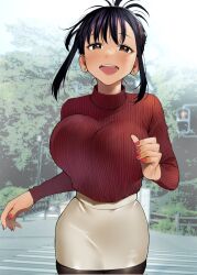 Rule 34 | 1girl, :d, black hair, black pantyhose, blush, bouncing breasts, breasts, brown eyes, commentary, corrupted twitter file, cowboy shot, day, ear piercing, elder cousin (igarashi kyouhei), folded ponytail, grey skirt, hair ornament, hairclip, highres, igarashi kyouhei, large breasts, long sleeves, looking at viewer, medium hair, miniskirt, nail polish, open mouth, original, outdoors, pantyhose, pencil skirt, piercing, red nails, red sweater, ribbed sweater, road, running, running towards viewer, sidelocks, skirt, smile, solo, street, sweater, sweater tucked in, taut clothes, traffic light, tree, turtleneck, turtleneck sweater