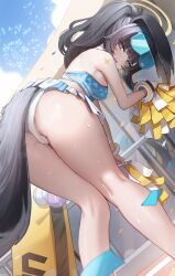 Rule 34 | 1girl, absurdres, ass, bandeau, bare arms, bare shoulders, black hair, blue archive, blue eyes, cheerleader, commentary, feet out of frame, goggles, goggles on head, hibiki (blue archive), hibiki (cheer squad) (blue archive), highres, holding, holding pom poms, jeze, kneepits, long hair, microskirt, millennium cheerleader outfit (blue archive), panties, pom pom (cheerleading), pom poms, shoulder tattoo, skirt, solo, tail, tattoo, thighs, underwear, upskirt, white panties
