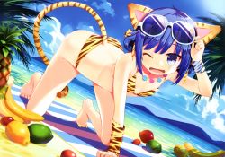 Rule 34 | 1girl, ;d, absurdres, all fours, animal ears, animal print, banana, barefoot, beach, bikini, blue eyes, blue hair, blue sky, cat ears, cat tail, chiba sadoru, cloud, day, dutch angle, eyewear on head, fang, feet, flat chest, food, fruit, highres, jewelry, lime (fruit), mango, matching hair/eyes, nail polish, necklace, ocean, one eye closed, open mouth, original, outdoors, palm tree, pineapple, purple eyes, scan, short hair, sky, smile, solo, striped bikini, striped clothes, sunglasses, swimsuit, tail, tiger ears, tiger print, tiger tail, toenail polish, toenails, toes, towel, tree, wink, yellow nails