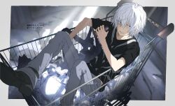 Rule 34 | 1boy, accelerator (toaru majutsu no index), albino, androgynous, ankle belt, black footwear, black shirt, border, can, canned coffee, dappled sunlight, diagonal-striped shirt, drink can, from above, grey background, grey pants, hair between eyes, hand up, holding, holding can, in shopping cart, knee up, light smile, looking at viewer, official alternate costume, pale skin, pants, red eyes, s m 831, sanpaku, shirt, shopping cart, short hair, short sleeves, signature, sitting, solo, sunlight, toaru majutsu no index, toaru majutsu no index: old testament, white border, white hair