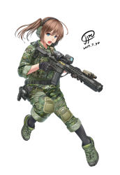 Rule 34 | 1girl, ar-15, assault rifle, blue eyes, brown hair, camouflage, commentary, dated, english commentary, gloves, gun, handgun, headset, highres, holding, holding gun, holding weapon, holster, holstered, jpc, open mouth, original, pistol, rifle, side ponytail, signature, solo, trigger discipline, weapon, white background