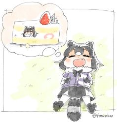 Rule 34 | 10s, 1girl, :d, ^ ^, animal ears, artist name, black skirt, blush, cake, chibi, closed eyes, commentary request, common raccoon (kemono friends), dreaming, eating, fang, food, fruit, fur collar, in food, kemono friends, lying, on back, open mouth, oversized food, oversized object, pantyhose, panzuban, raccoon ears, raccoon tail, skirt, sleeping, smile, solo, strawberry, tail, twitter username