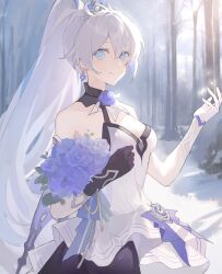 Rule 34 | 1girl, ahoge, artist request, asymmetrical gloves, bare shoulders, black gloves, blue eyes, blue flower, blue rose, bouquet, breasts, circlet, cleavage, closed mouth, dress, earrings, flower, gloves, highres, holding, holding bouquet, honkai (series), honkai impact 3rd, jewelry, kiana kaslana, kiana kaslana (herrscher of flamescion), long hair, looking at viewer, medium breasts, mismatched gloves, outdoors, ponytail, remy5621, rose, smile, snowing, solo, third-party source, tree, white dress, white gloves, white hair