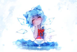 Rule 34 | 1girl, ahoge, blue dress, blue hair, blush, bow, cirno, closed eyes, dress, eating, food, gradient background, hair bow, hand on own cheek, hand on own face, happy, ice, ice wings, puffy short sleeves, puffy sleeves, qys3, shaved ice, shirt, short sleeves, solo, spoon, touhou, wings