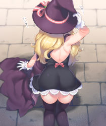 Rule 34 | 1girl, all fours, arm support, arm up, ass, ass focus, back, backless dress, backless outfit, black dress, black thighhighs, blonde hair, bow, brick floor, cape, commentary request, dress, facing away, from above, from behind, gloves, hand on headwear, hat, highres, holding, holding clothes, holding hat, little witch nobeta, long hair, maki (natoriumu), nobeta, purple cape, purple hat, solo, thighhighs, thighs, very long hair, white gloves, witch hat