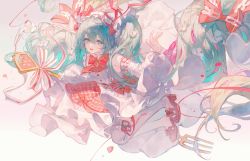 Rule 34 | 1girl, absurdres, alternate costume, aqua eyes, aqua hair, armpits, bow, bowtie, commentary, detached sleeves, dress, floating, food, food-themed hair ornament, fork, frilled socks, frills, fruit, full body, hair ornament, hairband, hatsune miku, headdress, highres, holding, holding wand, kneehighs, light blush, long hair, looking at viewer, maccha (mochancc), open mouth, outstretched arms, oversized object, red bow, red footwear, sleeveless, sleeveless dress, smile, socks, solo, strawberry, strawberry hair ornament, strawberry miku (morikura), twintails, very long hair, vocaloid, wand, white background, white dress, white socks