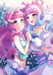 Rule 34 | 2girls, air bubble, blue eyes, blue hair, blue shirt, bubble, closed mouth, commentary request, cropped shirt, cure la mer, detached collar, doroshii, dual persona, gradient hair, gradient skirt, highres, holding hands, jewelry, laura la mer, long hair, long sleeves, looking at viewer, magical girl, mermaid, midriff, miniskirt, monster girl, multicolored clothes, multicolored eyes, multicolored hair, multicolored skirt, multiple girls, navel, necklace, off-shoulder shirt, off shoulder, open mouth, panties, partial commentary, pearl hair ornament, pearl necklace, pink hair, precure, shirt, skirt, sleeveless, sleeveless shirt, smile, sunlight, tropical-rouge! precure, underwater, underwear, very long hair, white panties