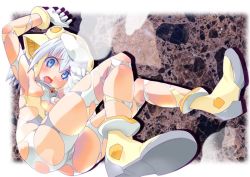 Rule 34 | 00s, 1girl, :o, ankle boots, arm up, armpits, ass, blue eyes, blush, bodysuit, boots, breasts, embarrassed, from below, from side, gloves, hair between eyes, headgear, koharuno silk, looking at viewer, no bra, no panties, open mouth, short hair, sideboob, sitting, skindentation, small breasts, solo, torn bodysuit, torn clothes, ultimate girl, white hair