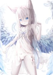 Rule 34 | 1girl, animal ear fluff, animal ears, bad id, bad twitter id, bare arms, bare shoulders, blue wings, bow, bow panties, cameltoe, closed mouth, collarbone, commentary request, dress, feathered wings, feathers, gluteal fold, hand up, highres, light brown hair, long hair, looking at viewer, navel, original, panties, see-through, side-tie panties, sleeveless, sleeveless dress, solo, underwear, utatanecocoa, very long hair, white background, white dress, white feathers, white panties, wings