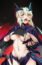 Rule 34 | 1girl, animal hands, artoria pendragon (fate), artoria pendragon (lancer alter) (fate), blonde hair, blush, breasts, claws, cowfee, dragon girl, dragon wings, fang, fate/grand order, fate (series), hair between eyes, highres, horns, looking at viewer, medium breasts, monster girl, monsterification, navel, open mouth, scales, short hair, slit pupils, solo, stomach, tail, underboob, wings, yellow eyes