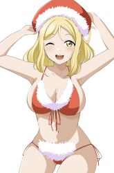 Rule 34 | 1girl, armpits, arms up, bare shoulders, barkhorn0331, bikini, blonde hair, blush, breasts, christmas, cleavage, hat, highres, large breasts, long hair, looking at viewer, love live!, love live! sunshine!!, navel, ohara mari, one eye closed, open mouth, santa bikini, santa hat, simple background, smile, solo, swimsuit, white background, wink, yellow eyes