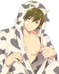 Rule 34 | 10s, 1boy, animal costume, blush, brown hair, cow costume, free!, green eyes, male focus, mo (nmnme), open clothes, short hair, simple background, smile, solo, tachibana makoto, white background