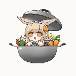 Rule 34 | 1girl, :d, animal ears, arknights, bell pepper, brown eyes, brown hair, carrot, chibi, chili pepper, commentary request, daoshi niang lan er, flower, garlic, grey background, hair flower, hair ornament, hands up, highres, in pot, maid headdress, open mouth, orange flower, pepper, simple background, smile, solo, spring onion, warmy (arknights)