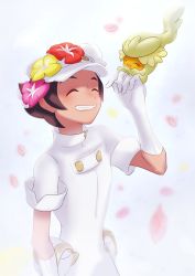Rule 34 | 1boy, aether foundation employee, blush, brown hair, clenched teeth, closed eyes, comfey, commentary, creatures (company), flower, game freak, gen 7 pokemon, gloves, grin, hand up, hat, hat flower, highres, komurapk, male focus, nintendo, petals, pokemon, pokemon (creature), pokemon sm, purple flower, red flower, short hair, short sleeves, smile, symbol-only commentary, teeth, turtleneck, white flower, white gloves, white headwear, yellow flower