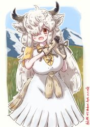 Rule 34 | 1girl, :d, animal ears, breasts, brown eyes, commentary request, dated, dress, gloves, hair over one eye, hair ribbon, highres, horns, kemono friends, large breasts, long hair, looking at viewer, nakashi masakumi, open mouth, own hands together, ox ears, ox horns, ribbon, smile, solo, twitter username, white dress, white hair, yak (kemono friends)