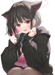Rule 34 | 1girl, absurdres, animal ears, black hair, black jacket, blue archive, blush, brown pantyhose, colored inner hair, hair ornament, hairclip, halo, highres, jacket, kazusa (blue archive), long sleeves, looking at viewer, multicolored hair, neckerchief, open mouth, pantyhose, pink hair, pink neckerchief, red eyes, school uniform, serafuku, short hair, simple background, smile, solo, squatting, twitter username, white background, yana mori