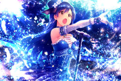 1girl blue_hair brown_eyes dress elbow_gloves female_focus gloves hat idolmaster idolmaster_(classic) ima_(lm_ew) kisaragi_chihaya long_hair microphone open_mouth solo