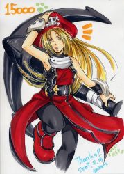 Rule 34 | 1girl, alternate color, anchor, arc system works, blonde hair, dated, guilty gear, guilty gear x, guilty gear xx, hat, long hair, maon, marker (medium), may (guilty gear), milestone celebration, pantyhose, paw print, pirate hat, red hat, signature, solo, traditional media, wrist cuffs, yellow eyes