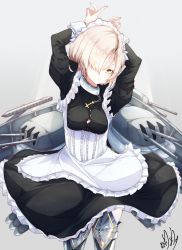 Rule 34 | 1girl, apron, armor, arms up, azur lane, black dress, blonde hair, blush, braid, breasts, chain, closed mouth, collar, cowboy shot, dress, frills, garter straps, hair over one eye, head tilt, highres, light particles, long sleeves, looking at viewer, machinery, maid, maid headdress, medium breasts, murata ryou, rigging, sheffield (azur lane), short hair, sidelocks, signature, solo, thighhighs, underwear, white apron, white thighhighs, yellow eyes