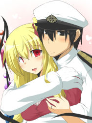 Rule 34 | 10s, 1boy, 1girl, admiral (kancolle), aged up, black hair, blonde hair, blush, breasts, crossover, flan-maman (goma), flandre scarlet, gloves, goma (gomasamune), hat, hetero, hug, hug from behind, husband and wife, jewelry, kantai collection, long hair, open mouth, peaked cap, red eyes, ring, short hair, side ponytail, touhou, wedding band, wedding ring, white gloves, wings