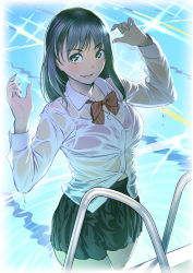 Rule 34 | 1girl, black hair, blush, bow, bowtie, bra, dress shirt, green eyes, hands up, long hair, original, parted lips, pool, pool ladder, poolside, purple bra, see-through, see-through silhouette, shirt, skirt, smile, solo, twinpoo, underwear, water, wet, wet clothes