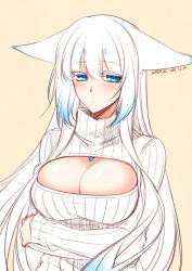 Rule 34 | 1girl, animal ears, blue eyes, blush, breasts, cleavage, cleavage cutout, closed mouth, clothing cutout, dated, ears down, fox ears, gradient hair, hair between eyes, jewelry, konshin, large breasts, long hair, long sleeves, looking at viewer, meme attire, multicolored hair, necklace, open-chest sweater, orie mishiro, original, ribbed sweater, short eyebrows, signature, solo, sweater, upper body, white hair