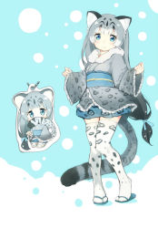 Rule 34 | 1girl, animal ears, animal print, bad id, bad pixiv id, blue background, blue eyes, blue skirt, blush, chibi, closed mouth, commentary request, frilled sleeves, frills, grey hair, japanese clothes, kemono friends, charm (object), kimono, kimono skirt, leopard ears, leopard print, leopard tail, long hair, looking at viewer, low-tied long hair, multicolored hair, obi, pleated skirt, rousetsu, sandals, sash, seiza, sitting, skirt, smile, snow leopard (kemono friends), standing, tail, thighhighs, very long hair, white hair, white thighhighs, wide sleeves, zettai ryouiki